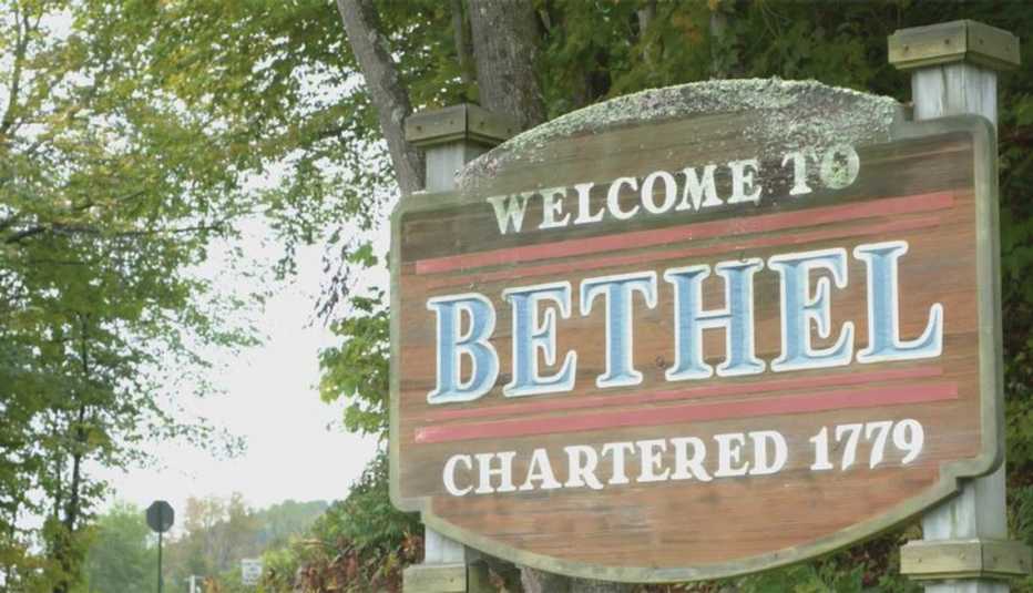The Welcome to Bethel sign announces that the town was chartered in 1779.