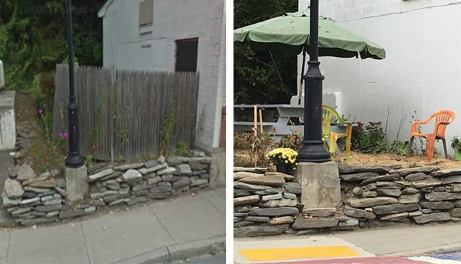 Before and after images show how an empty lot can become a sitting area.