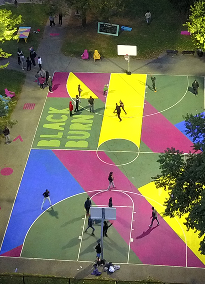 A colorful pop-up basketball court in the Blackburn neighborhood of Columbus, Ohop A colorful pop-up basketball court in the Blackburn neighborhood of Columbus, Ohop