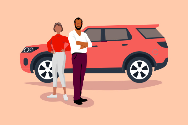 Illustration of man and woman standing in from of a red SUV