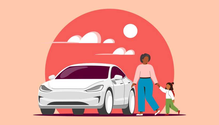 Graphic of a woman and child next to a car