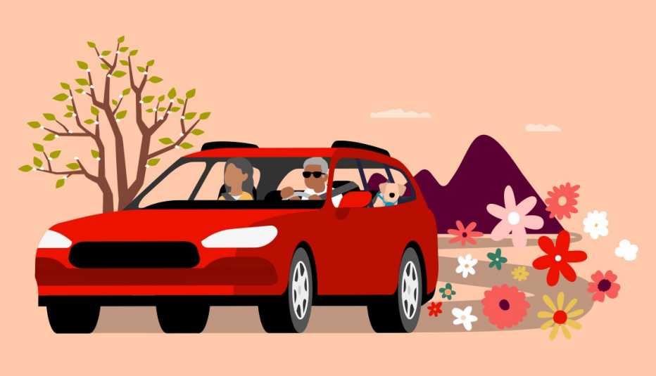 Graphic of a couple sitting in a car with foliage blooming