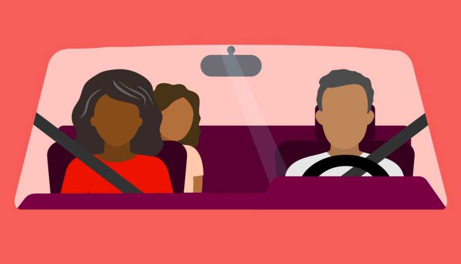 Graphic image looking through the windshield of a three people sitting in a car