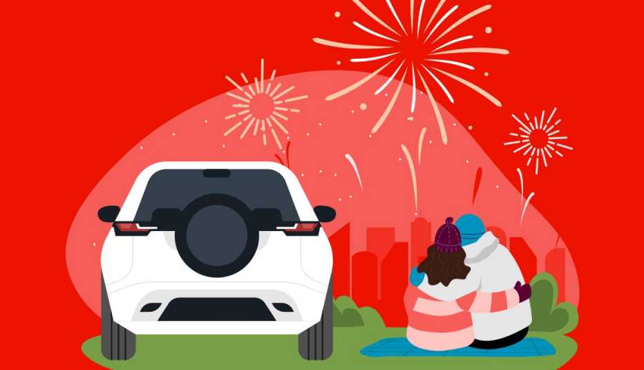 Image of couple sitting on a blanket watching fireworks