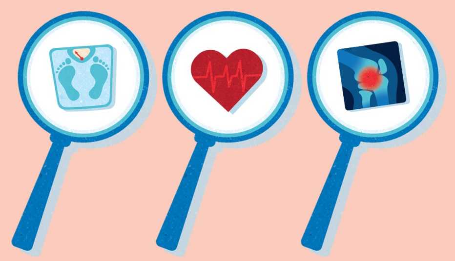 magnifying glasses over three medical icons a heart a scale and an xray