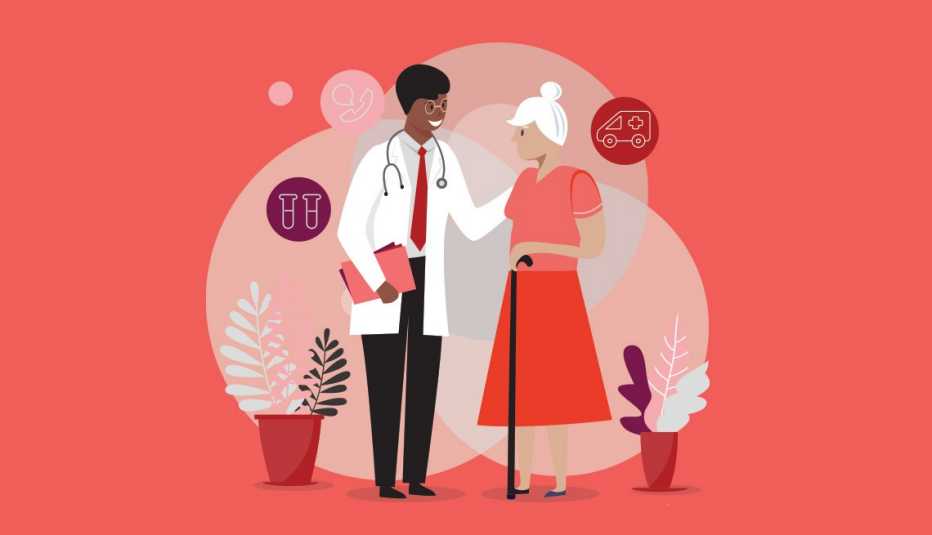 graphic of a doctor talking to a woman holding a cane