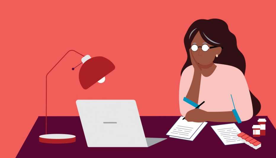 illustration of a woman looking at a laptop and writing on a notepad