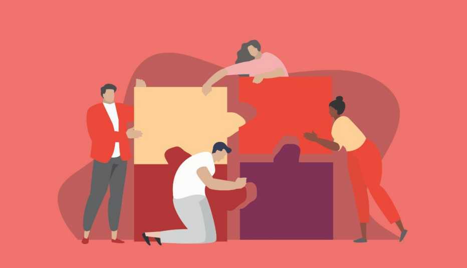 illustration of four people putting four large puzzle pieces together