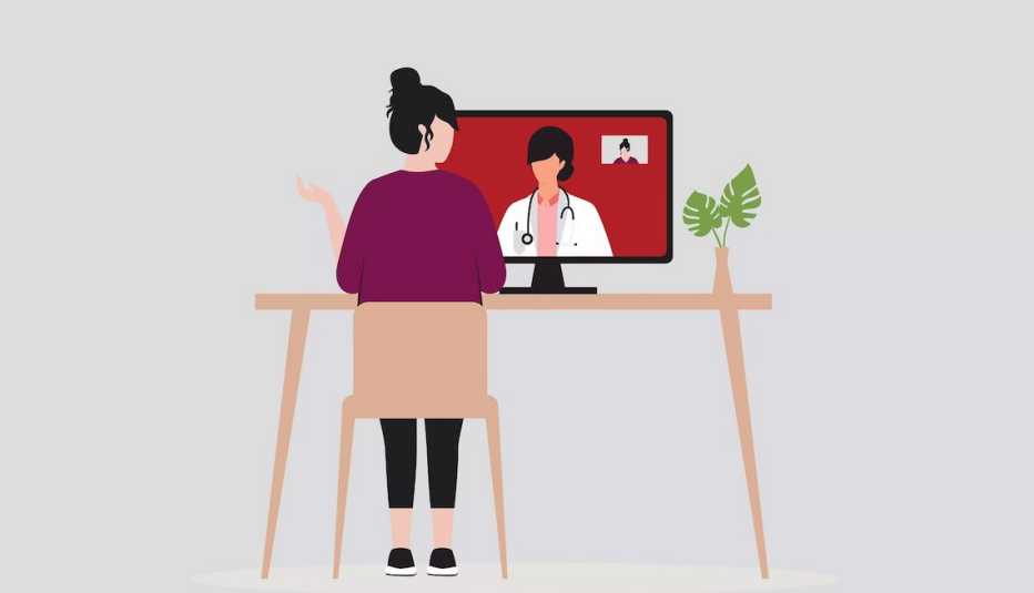 Illustration of a woman on a telehealth appointment with a doctor showing on a computer screen