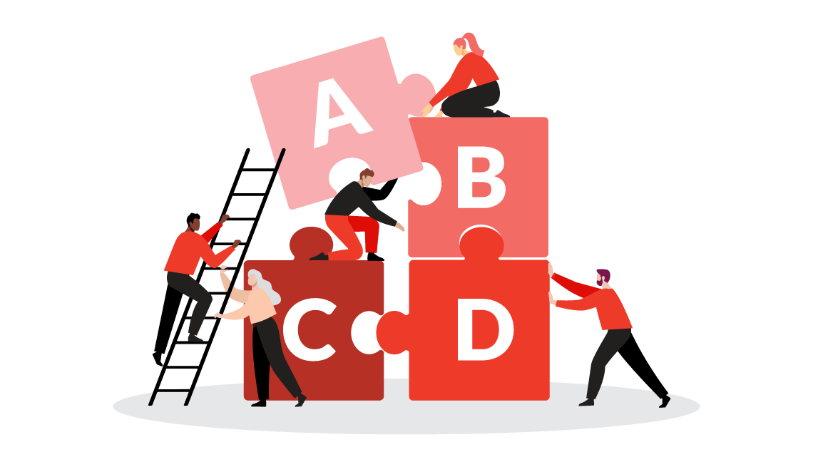 illustration of people building a structure from square blocks with the letters a b c and d illustration of people building a structure from square blocks with the letters a b c and d