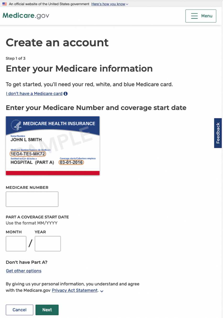 screengrab of medicare.gov website to create an online account