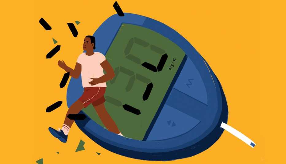 illustration of a person breaking out of a glucose strip monitor and shattering its clear l e d readout panel cover