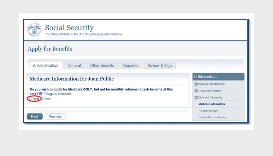 screenshot of the social security administrations medicare application website page asking if you wish to apply for medicare only but not for monthly retirement cash benefits. The answer yes is circled in red screenshot of the social security administrations medicare application website page asking if you wish to apply for medicare only but not for monthly retirement cash benefits. The answer yes is circled in red