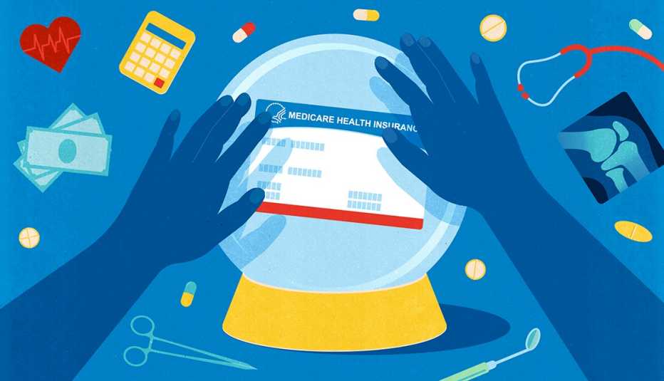 two hands over a crystal ball that contains a medicare card surrounded by healthcare icons