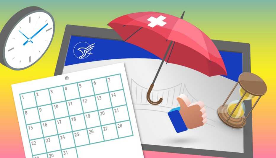 graphic of medicare website on a tablet showing a bridge drawing and with an umbrella a calendar a clock and hourglass symbolizing time limits on signing up for medigap coverage