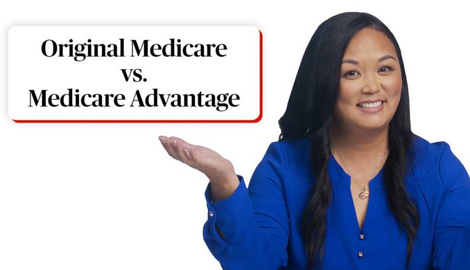 woman pointing towards text reading original medicare vs medicare advantage