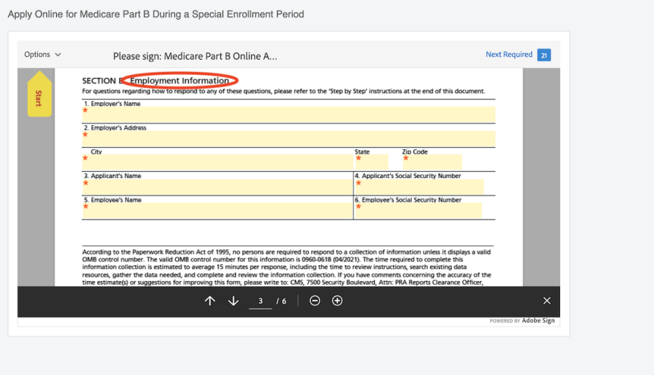 a screenshot of section B of the medicare part b online application with the section “employment information” circled in red a screenshot of section B of the medicare part b online application with the section “employment information” circled in red