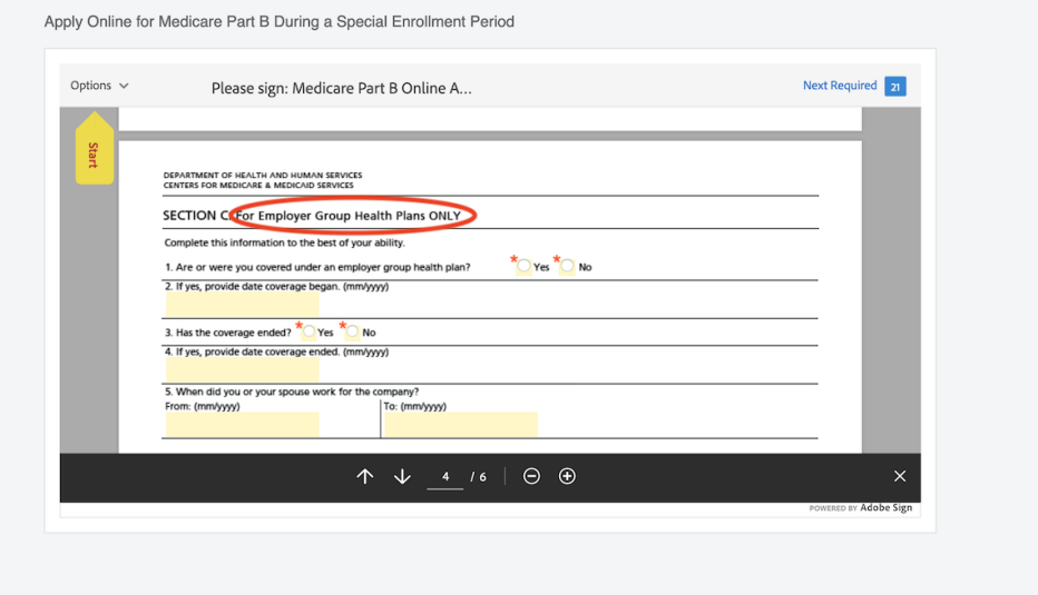 a screenshot of section C of the medicare part b online application with the section "for employer group health plans only" circled in red a screenshot of section C of the medicare part b online application with the section "for employer group health plans only" circled in red