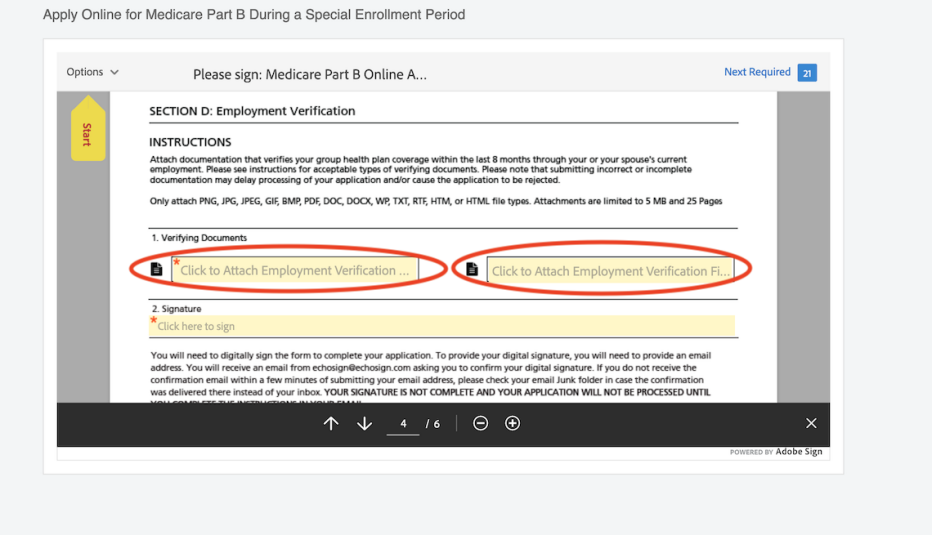 a screenshot of section D of the medicare part b online application with the two section click to attach employment verification fields circled in red a screenshot of section D of the medicare part b online application with the two section click to attach employment verification fields circled in red