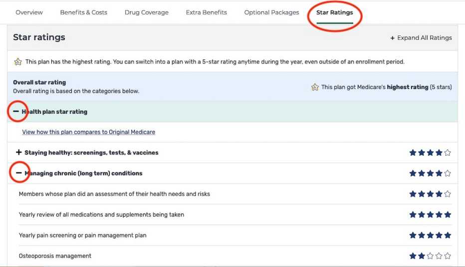 screengrab of medicare star ratings for chronic conditions