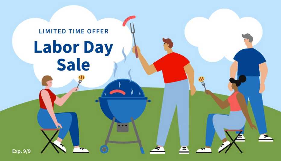 limited time labor day sale banner with people and grill at a community bbq​

​