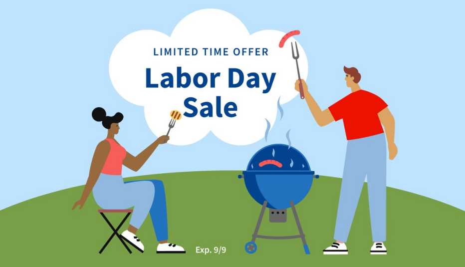 limited time labor day sale banner with people and grill at a community bbq