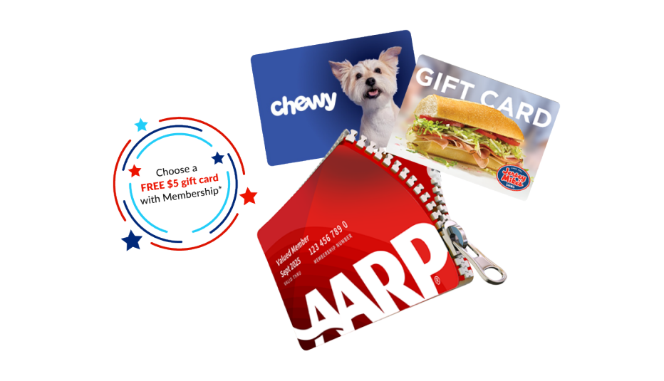 An AARP membership card unzipping to reveal a choice of $5 gift cards from Chewy, and Jersey Mikes as a new member sign-up bonus.