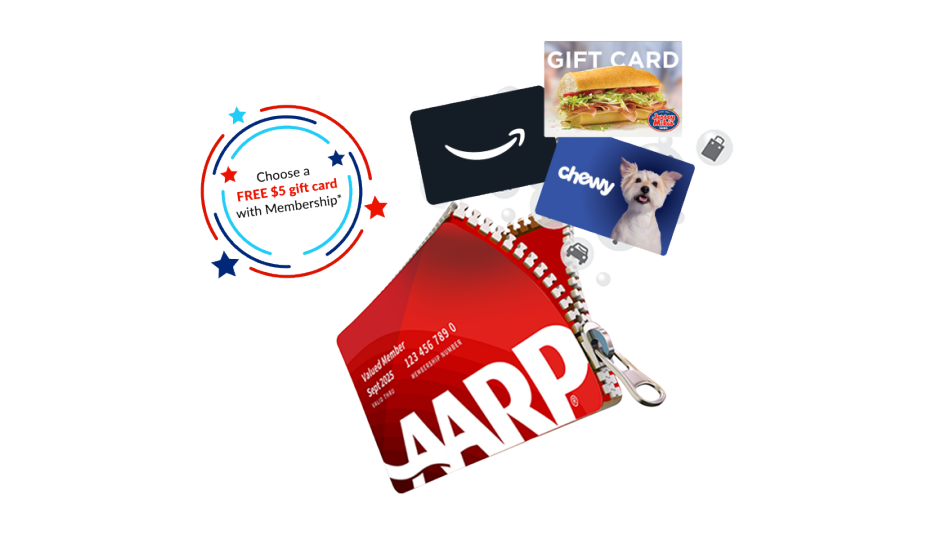 An AARP membership card unzipping to reveal a choice of $5 gift cards from Chewy, and Jersey Mikes as a new member sign-up bonus.