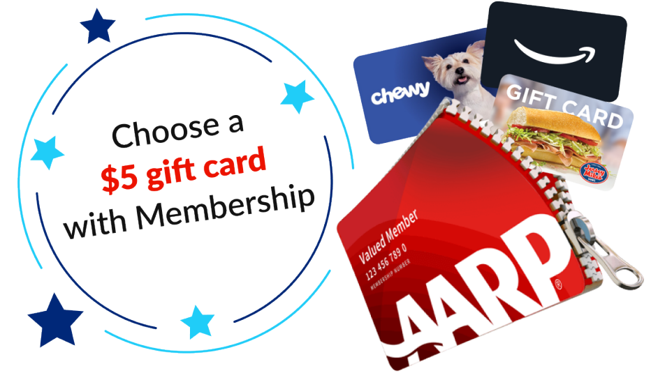 An AARP membership card unzipping to reveal a choice of $5 gift cards from Chewy, and Jersey Mikes as a new member sign-up bonus.