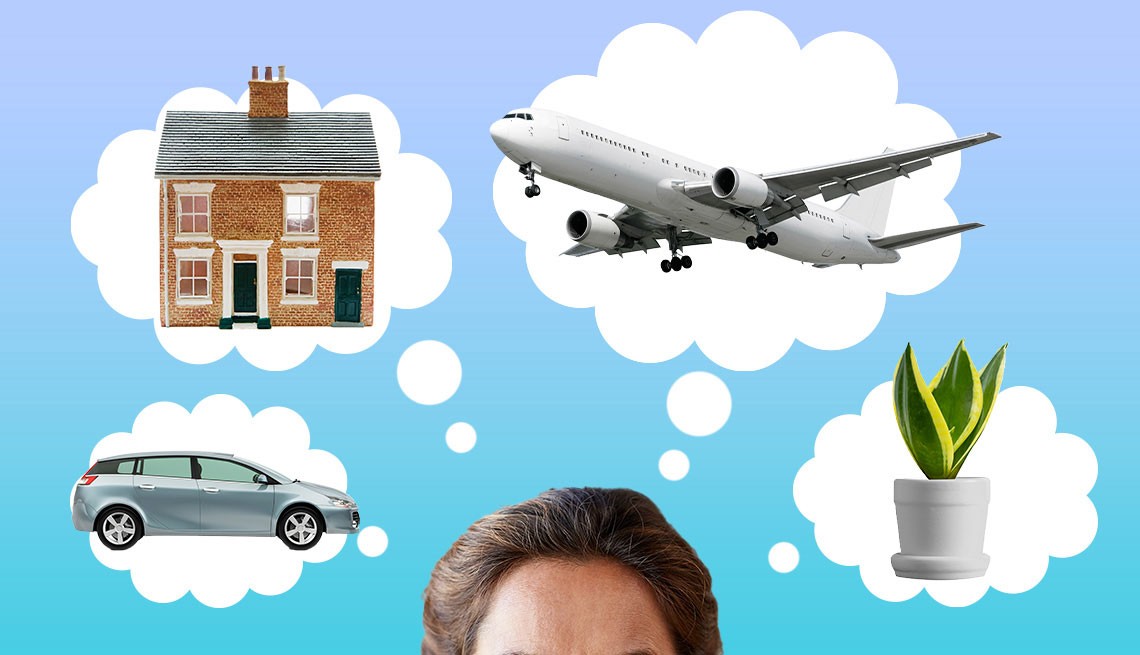 person's forehead and hair showing with thought bubbles above on a blue and purple background, car, house, plane, and plant in the thought bubbles