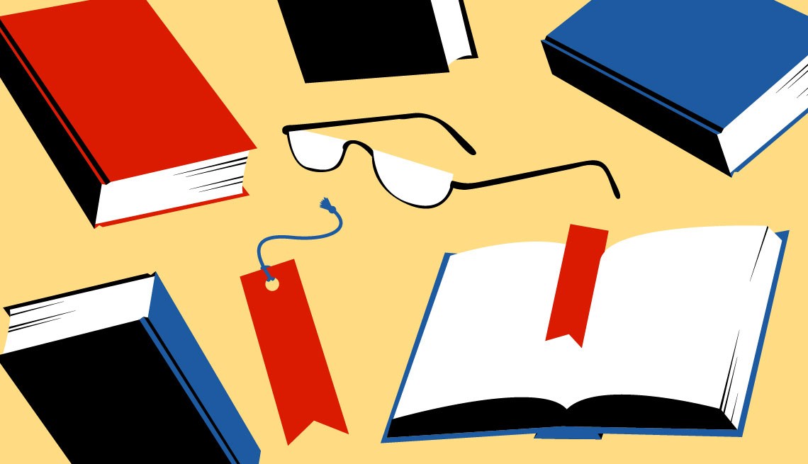 illustration of open and closed  blue and red covered books on a yellow background with a pair black rimmed reading glasses and red bookmark