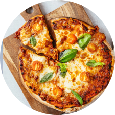 Brick oven pizza on a cutting board