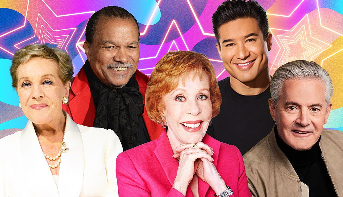 Billy Dee Williams, Mario Lopez, Julie Andrews. ,Carol Burnett, Kyle MacLachlan headshot photos in a collage with a neon lights star purple, blue, pink, yellow background