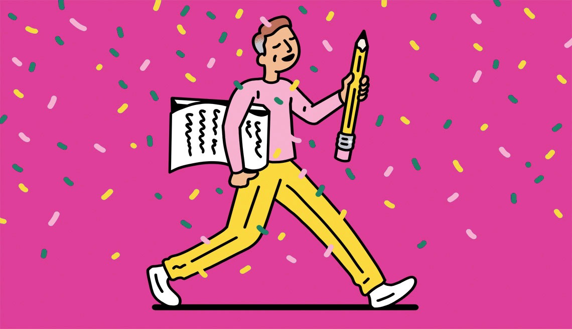 pink background with yellow, gray, light pink confetti, man illustration walking with yellow pants and pink long sleeve top holding an extra large yellow pencil in one hand and holding a pad of paper with a list scribbled on it