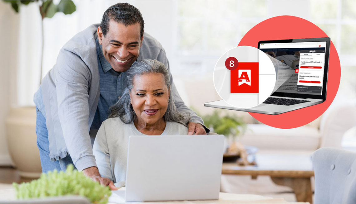 man looking over sitting woman's shoulder, both looking at open laptop on table in living room, in corner small circle showing open laptop and on screen the browser extension