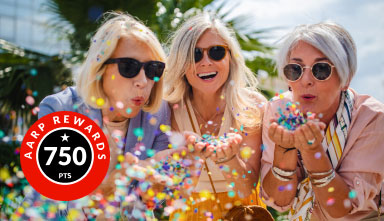 Earn When You Install three women wearing sunglasses outside blowing confetti from their hands, 750 A A R P Rewards badge in corner