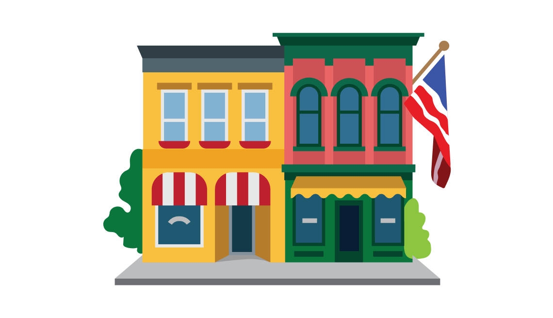 Take a Quiz on Local Benefits for 450 Points Illustration of a downtown shopping street