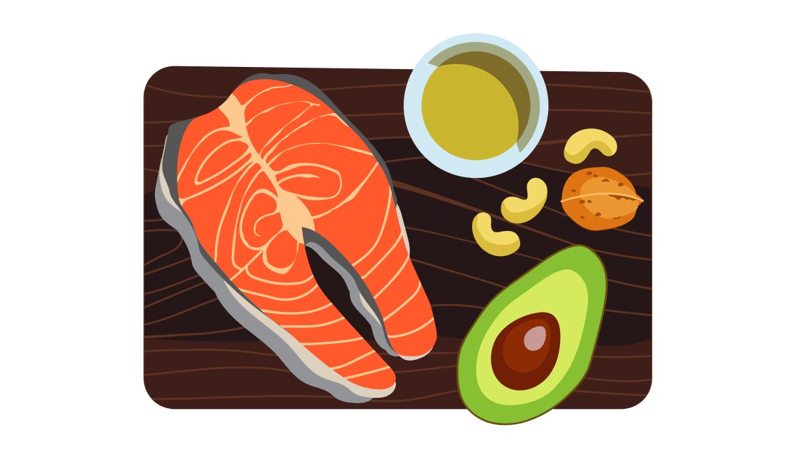 Take a Quiz on Heart Health Food for 450 Points illustration of a black cutting board with salmon, olive oil, nuts and avocado