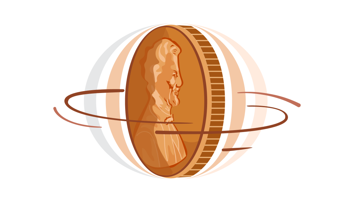 Take the Are You a Super Saver Quiz for 450 Points illustration of a penny spinning on it's edge