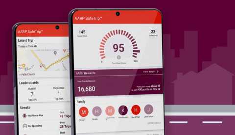 purple background, two cell phones, both screens show what the safe trip app looks like