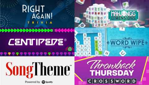 6 tiles in two columns per 3 rows with game brands such as centipede, word wipe, song theme, throwback thursday, mahjongg dimensions, right again trivia