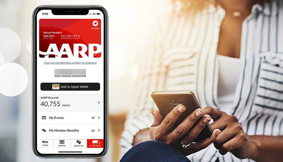 woman using a mobile phone with the aarp now app loaded on the screen 