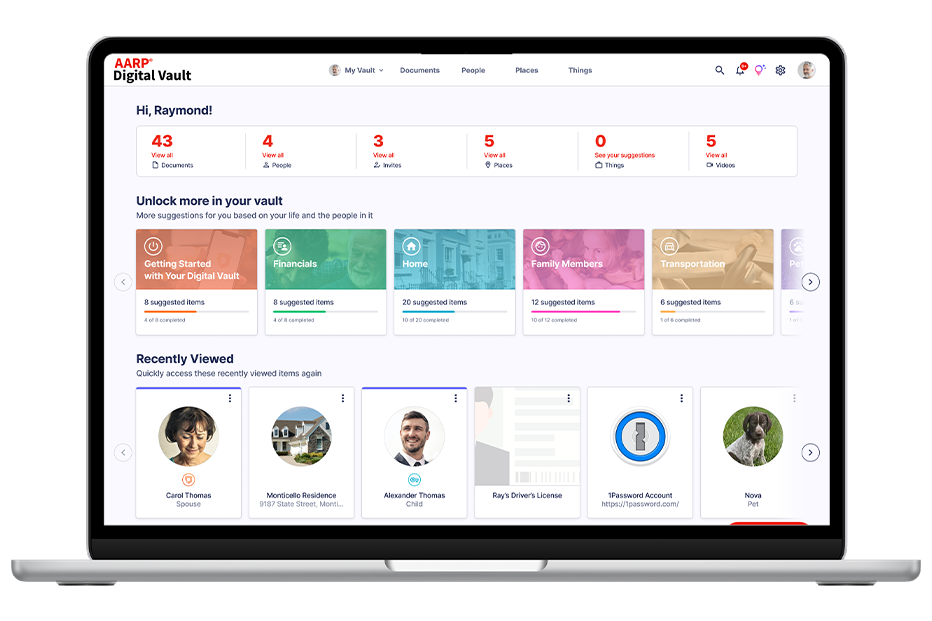 AARP Digital Vault home screen displayed on a laptop computer
