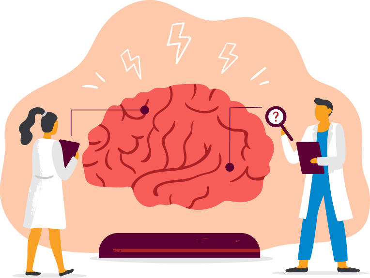 An illustration of a brain with a women doctor and man doctor examining it
