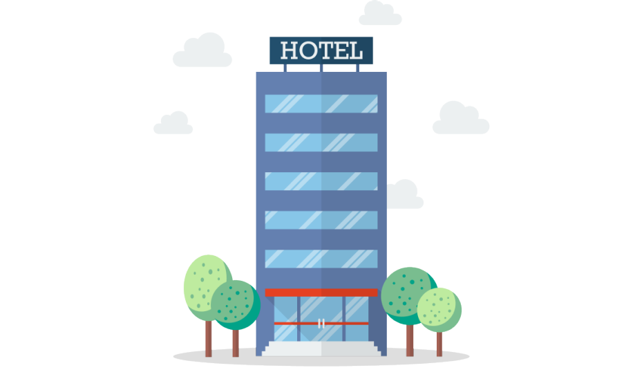 blue tall hotel building with green trees