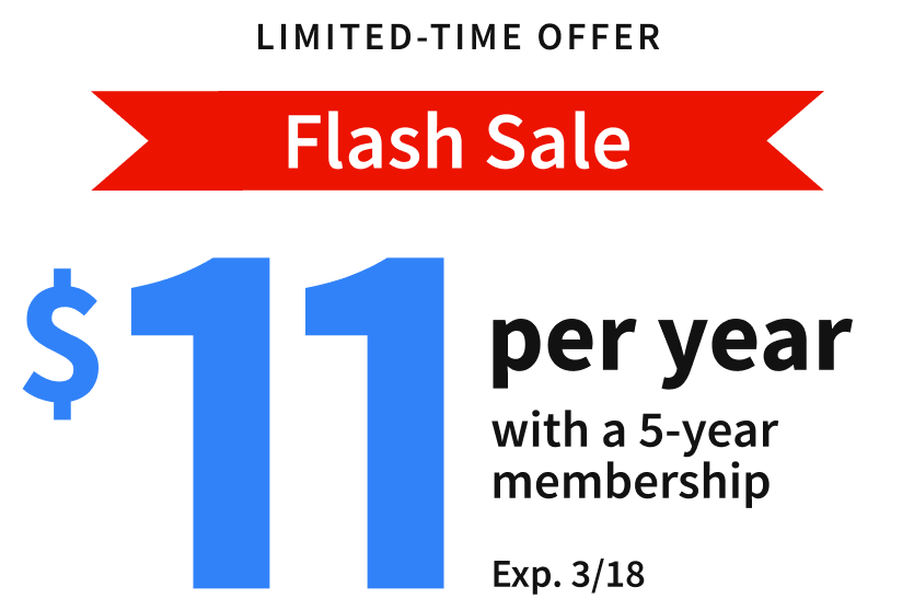 $11 per year with a 5-year membership sale on yellow gradient background with light rays​