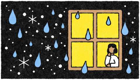 illustration of outside view of woman looking out window; snow and rain falling