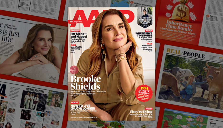 AARP The Magazine cover April/May 2024 featuring Brooke Shields
a a r p the magazine cover April - May 2024 featuring Brooke Shields, on background of magazine pages