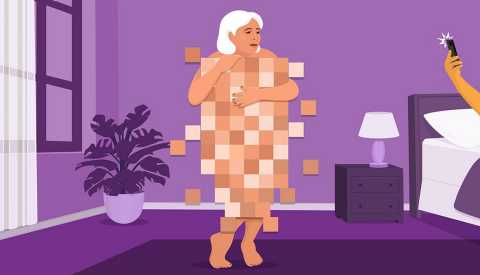 naked woman standing in a bedroom blurred out