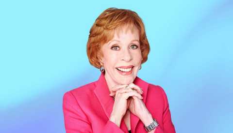 carol burnett against light blue ombre background